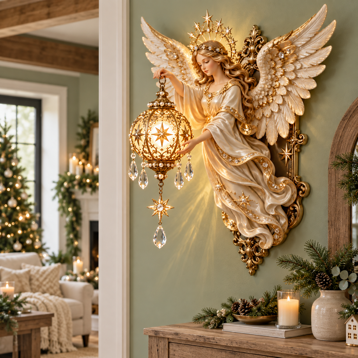 Angel lantern wall decoration styled on a soft sage green wall