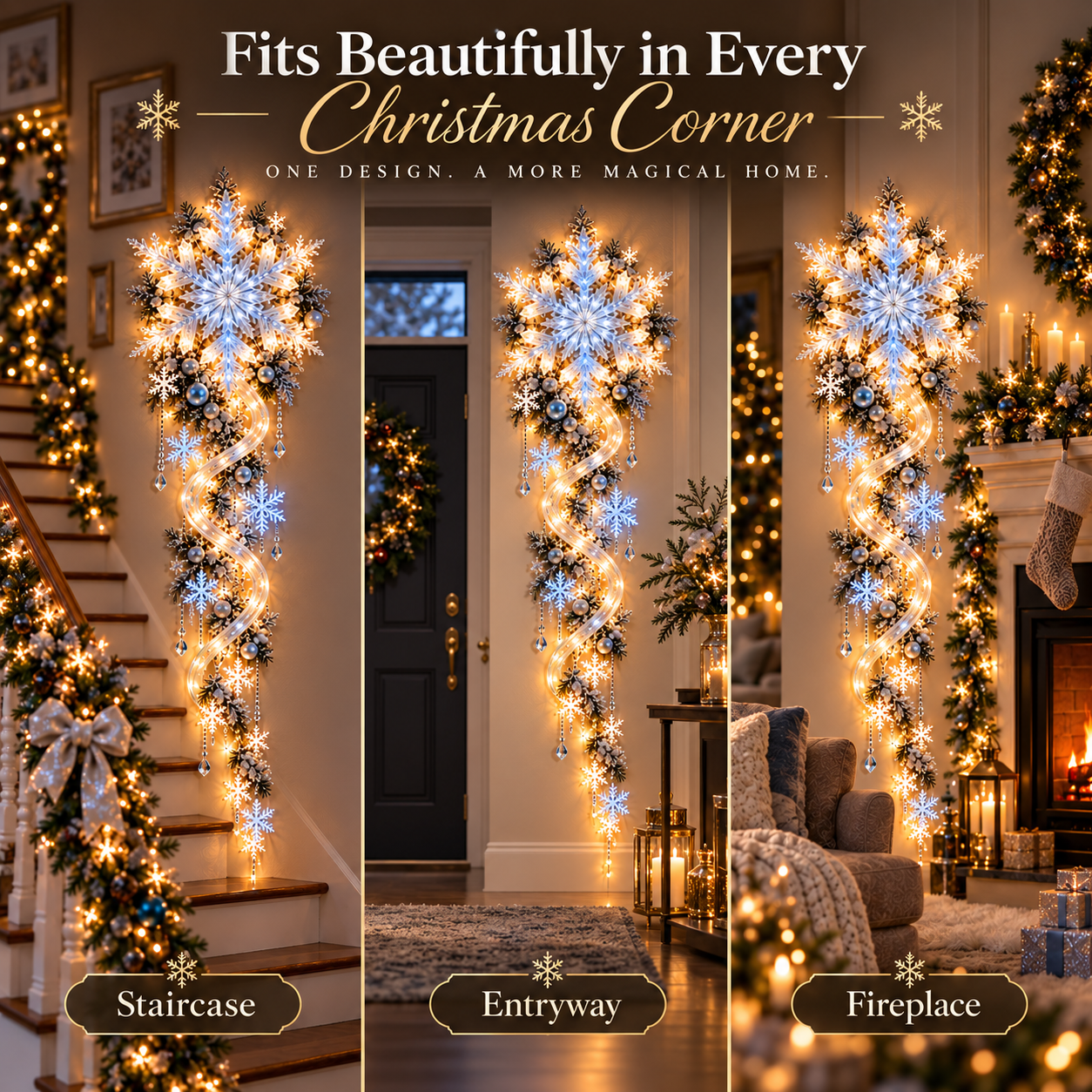 Snowflake Blizzard Trail staircase entryway and fireplace displays