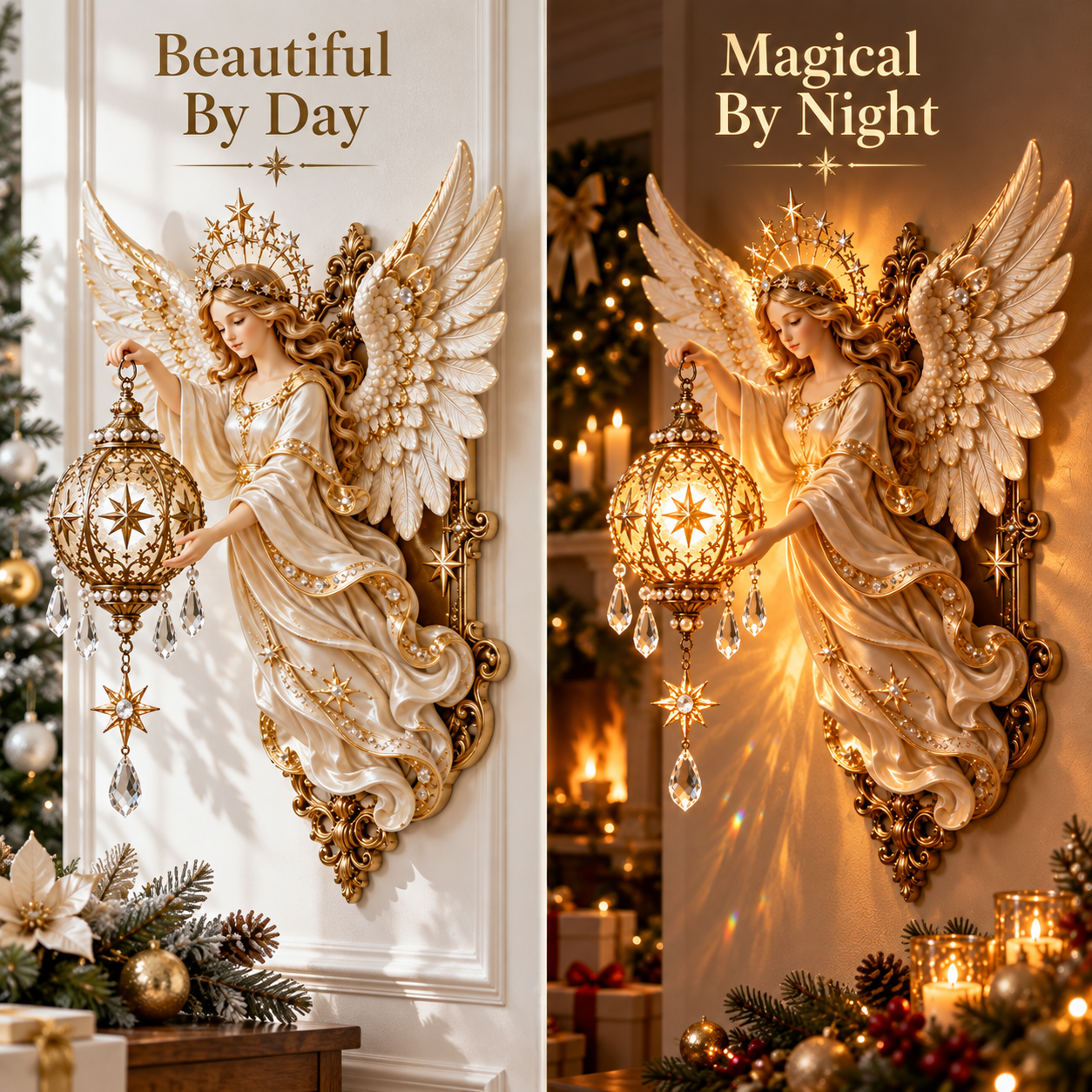 Day and night comparison of the angel lantern wall light