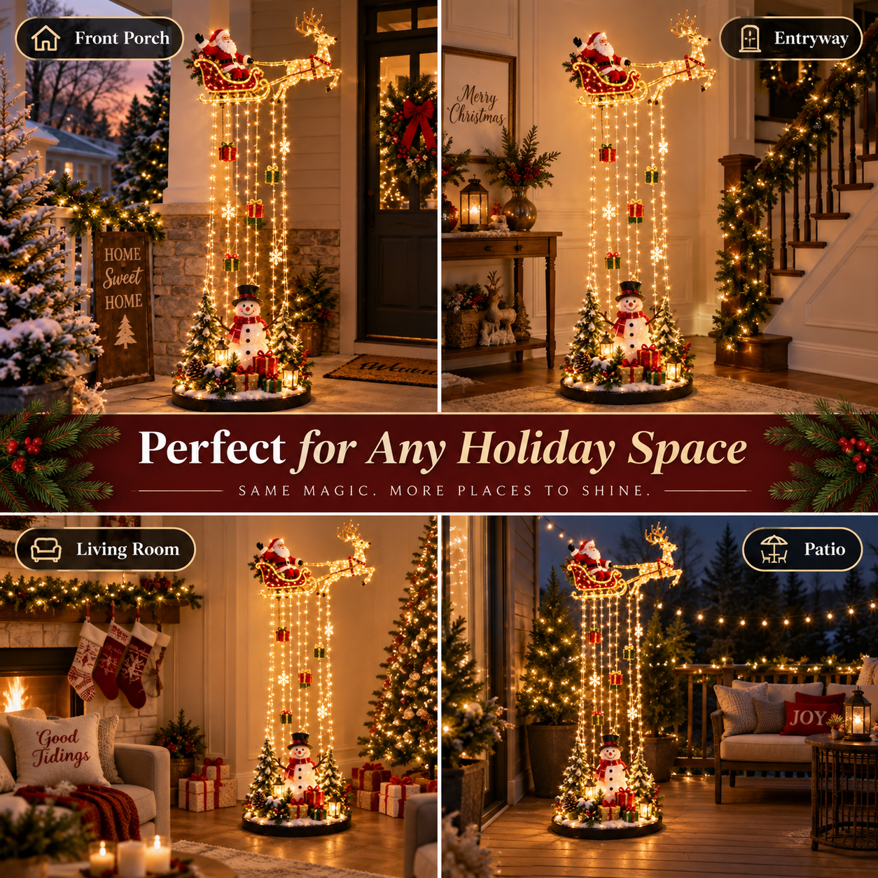 Warm family Christmas scene with lighted Santa sleigh decoration
