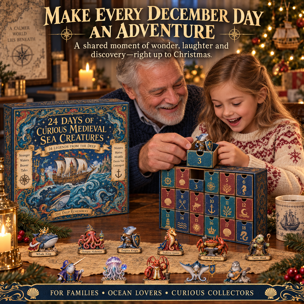 Family enjoying sea creature Christmas countdown