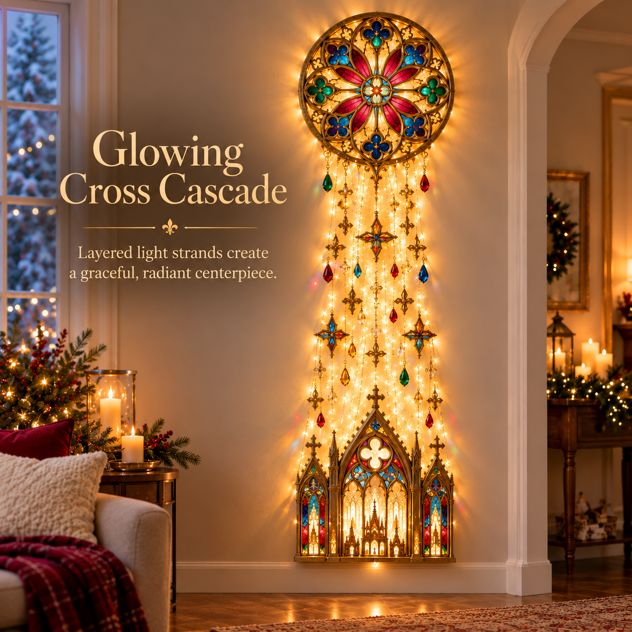 Cathedral-inspired illuminated wall decoration with cross cascade and colorful stained-glass-style details