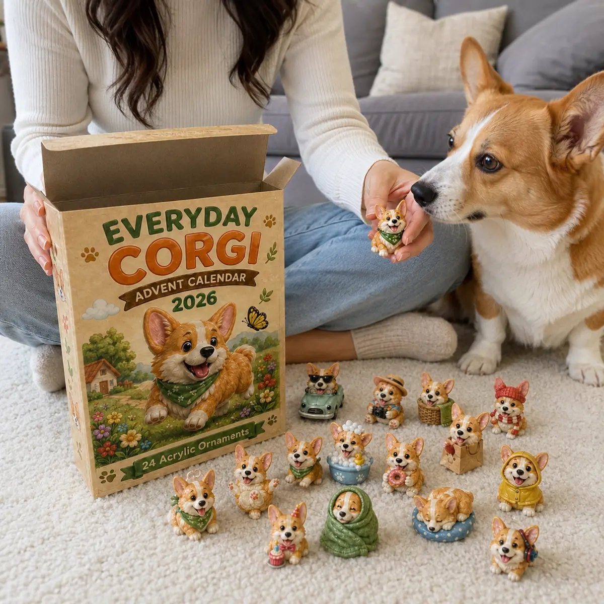 Customer opening the Everyday Corgi calendar beside a real Corgi