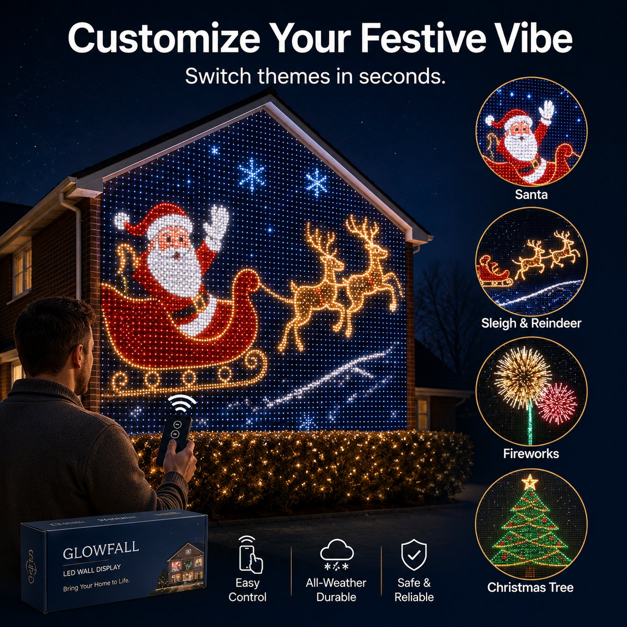 Christmas LED wall display showing Santa, reindeer and festive design options