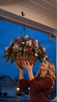 Multiple Christmas hanging baskets displayed around home