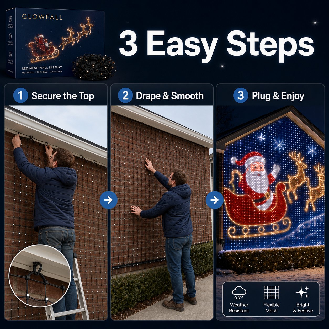 Three installation steps: secure the top, drape the net and connect power