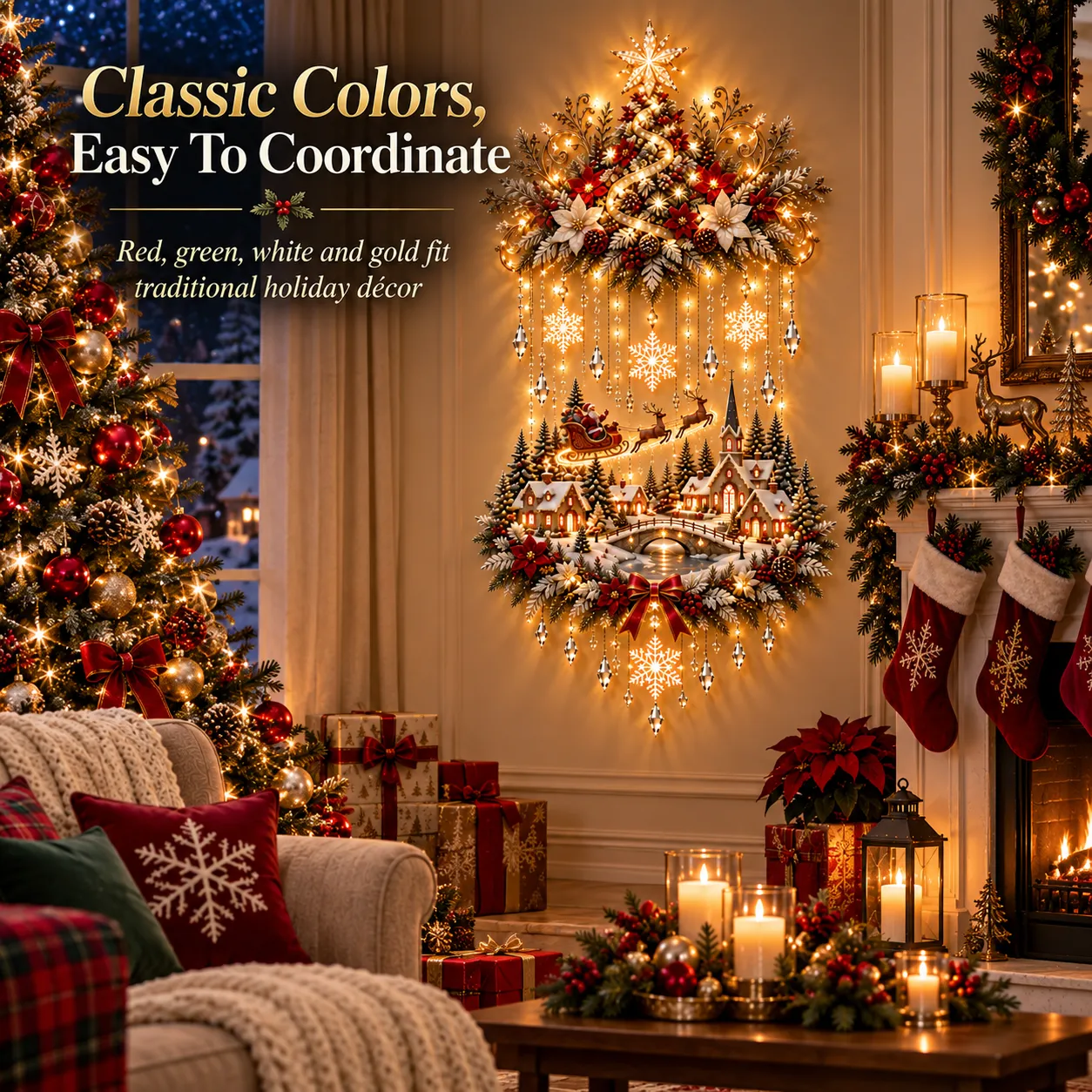 Red, green, white and gold wall hanging coordinated with traditional Christmas decorations