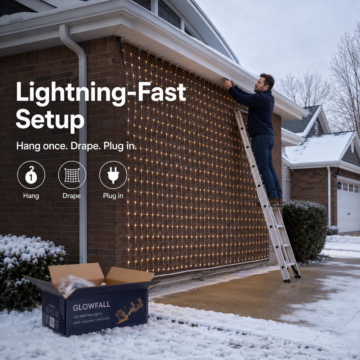 LED net curtain being positioned across an exterior wall
