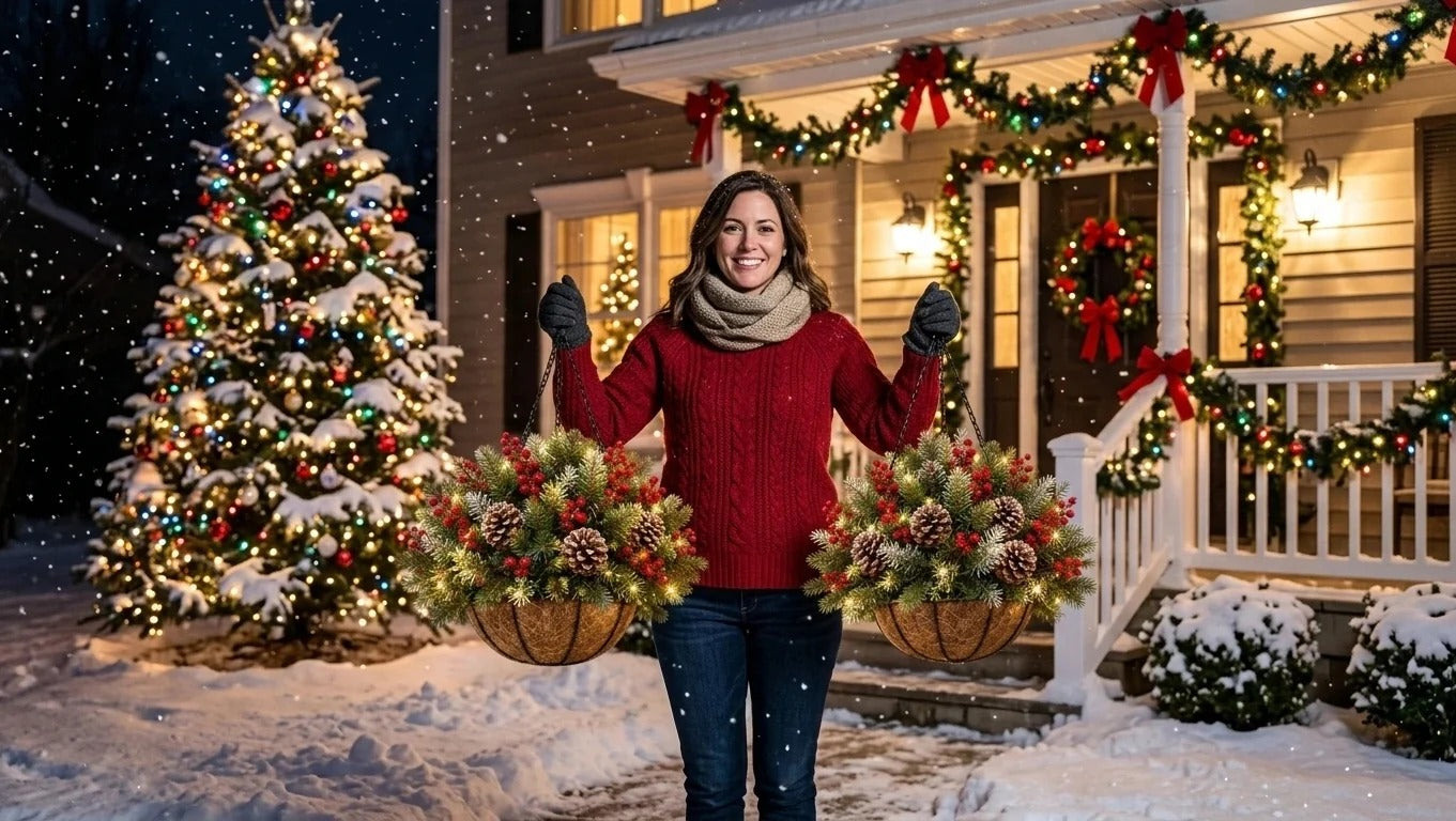 Low maintenance artificial Christmas hanging basket