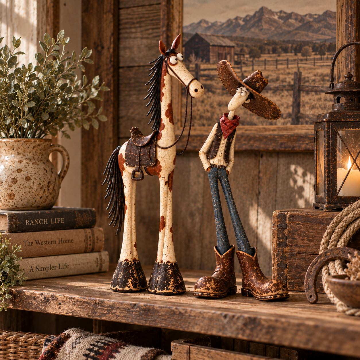Whimsical western cowboy and horse figurine duo