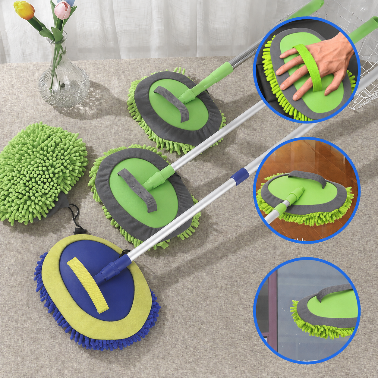 Car wash mop and reusable microfiber replacement heads