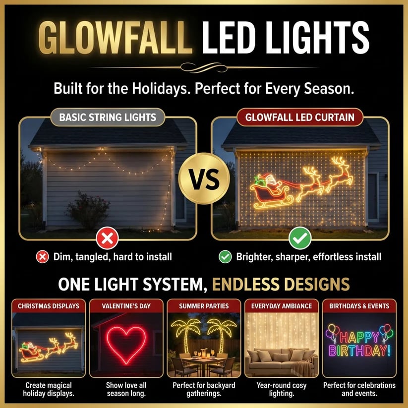 LED curtain display compared with string lights and examples of seasonal designs