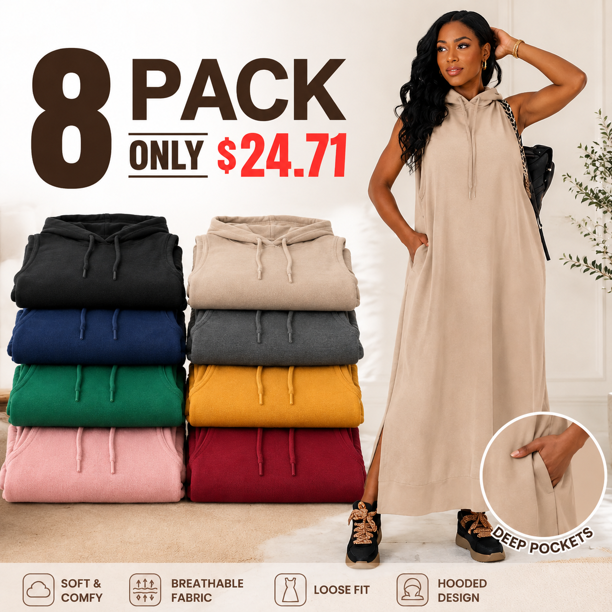 Women's Hooded Drawstring Maxi Dress with Pockets | Casual Sleeveless Summer Dress