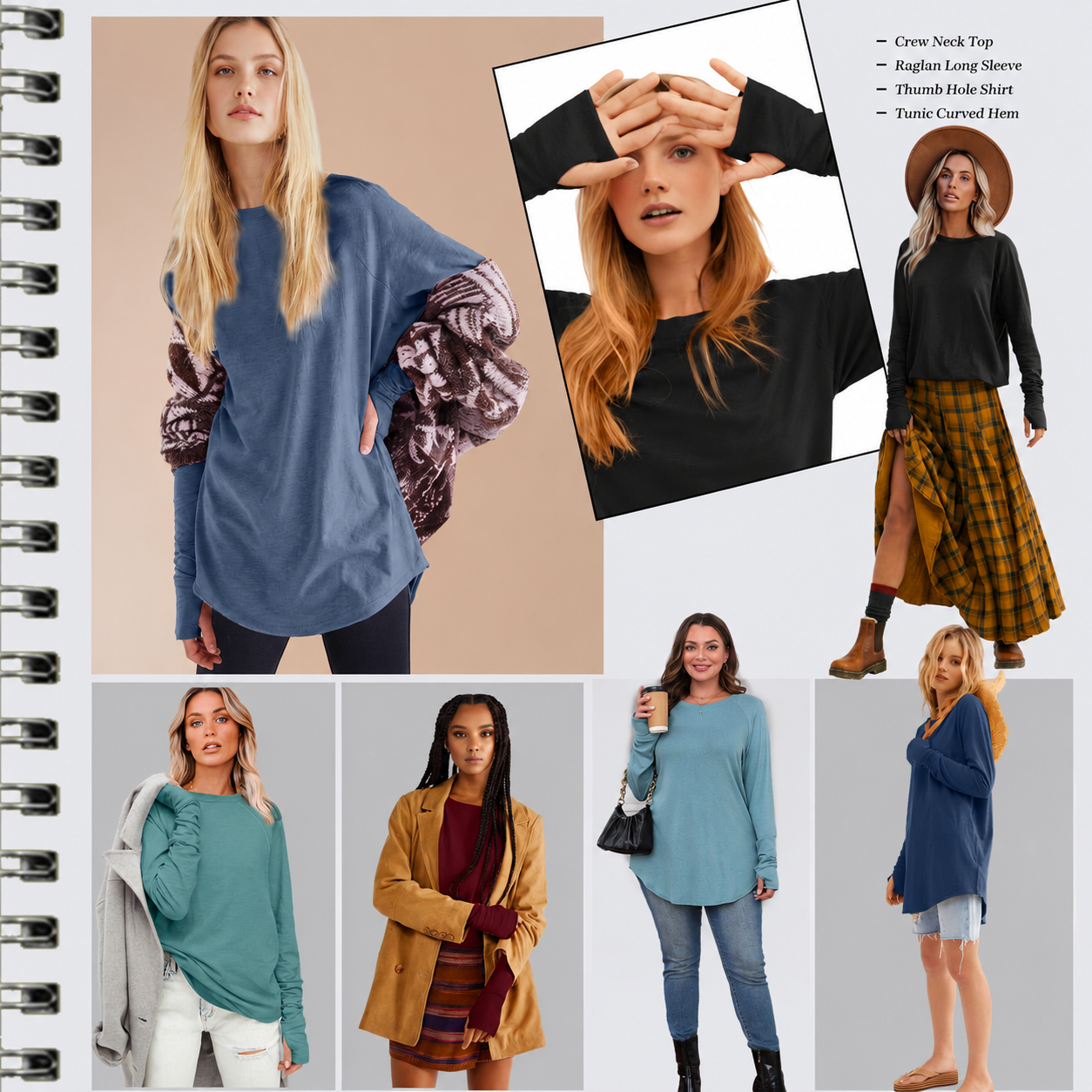 Women's Long Sleeve Tunic Top with Thumb Holes & Curved Hem - 10 Pack