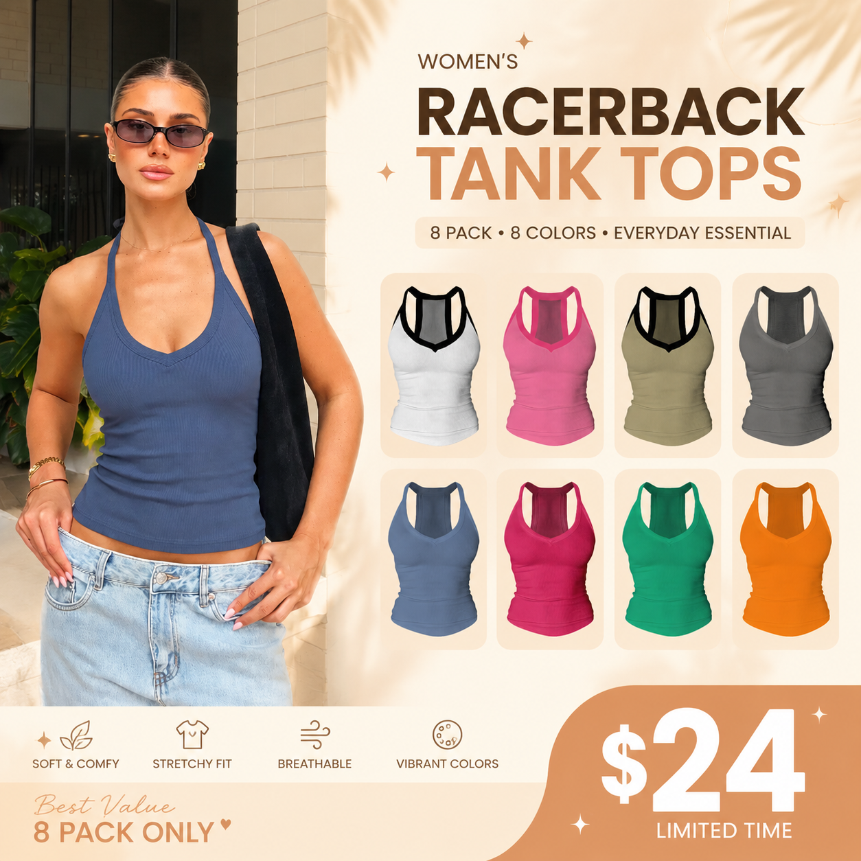 Built-in bust support, sleeveless backless slim-fit basic tank top