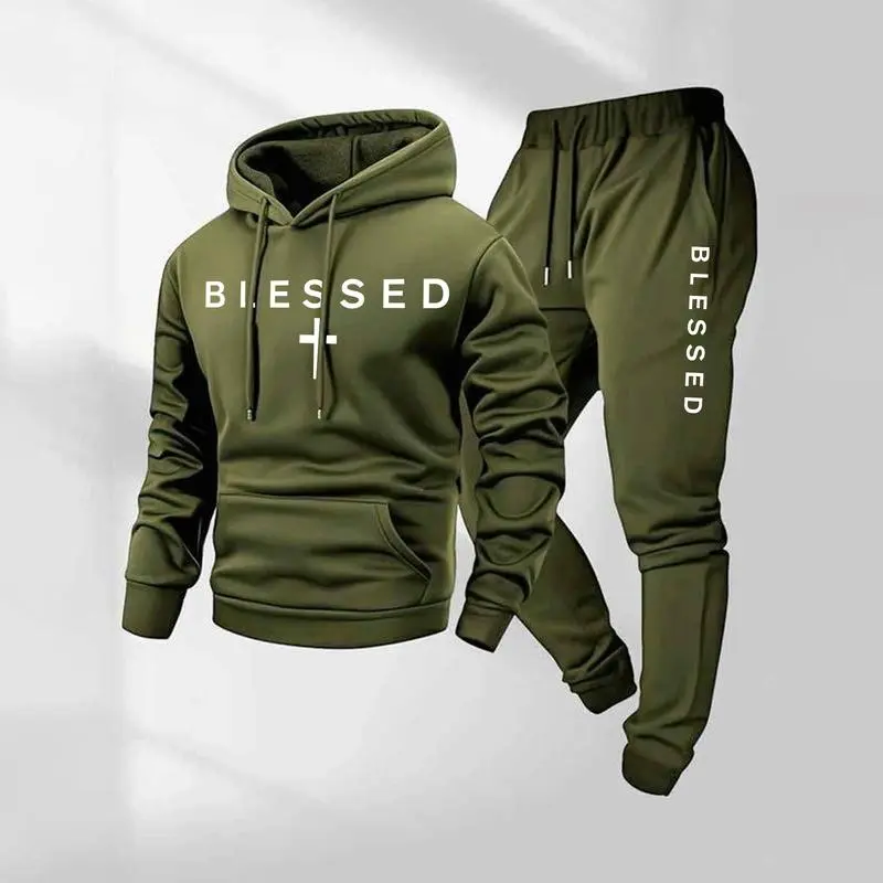 Blessed Cross Letter Print Hoodie & Drawstring Sweatpants Set