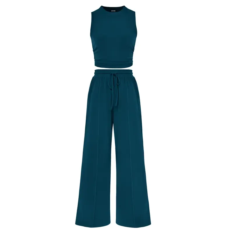 🔥Women's 2-Piece Outfits - Ribbed Knit Crew Neck Sleeveless Cropped Top & Wide Leg Pants Lounge Set