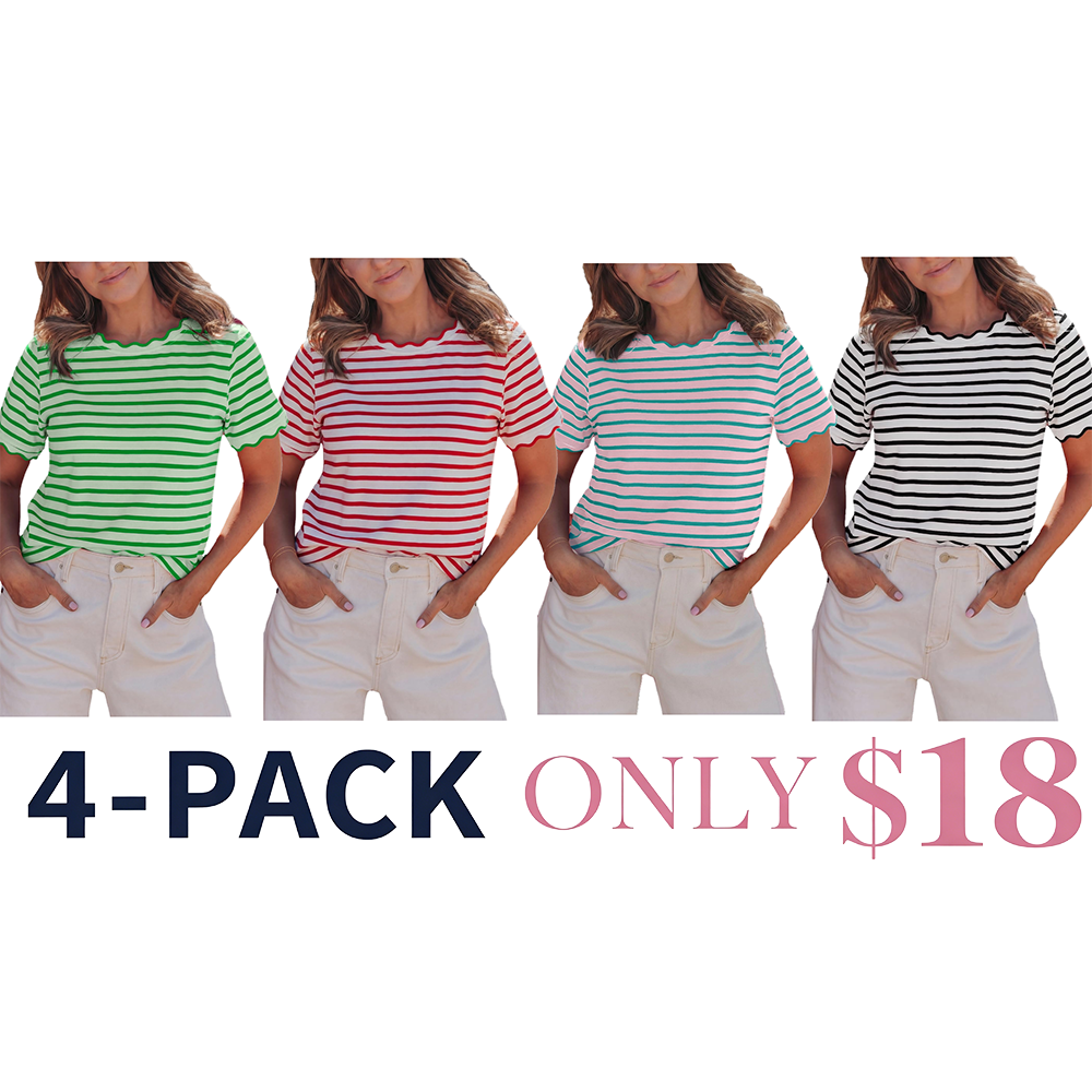 Women's Top Stripe Scalloped Trim Round Neck T Shirt