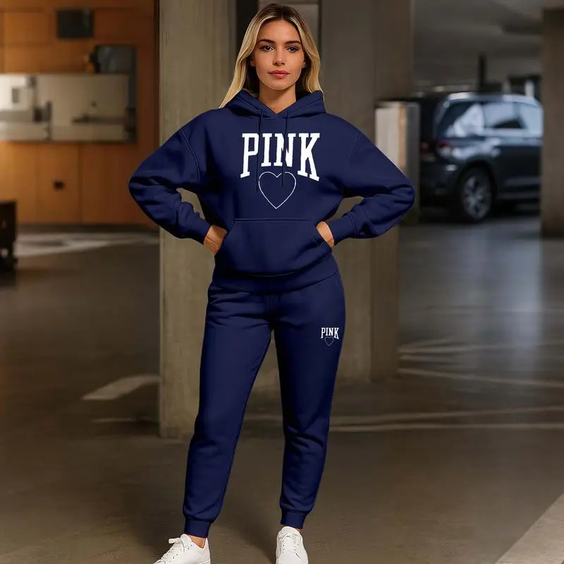 Women's Pink Heart Print Hoodie & Track Pants Set