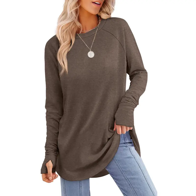 Women's Long Sleeve Tunic Top with Thumb Holes & Curved Hem - 10 Pack