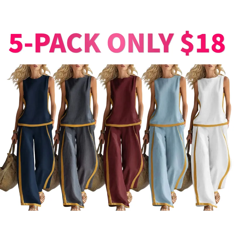 Linen Blend Women Sleeveless Color Block Top Wide Leg Pants Set