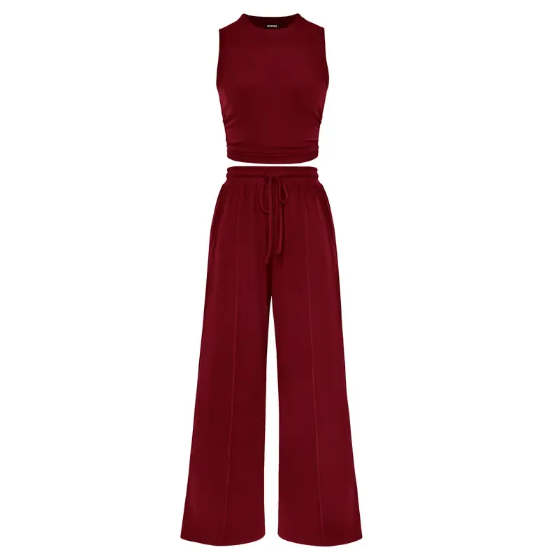 🔥Women's 2-Piece Outfits - Ribbed Knit Crew Neck Sleeveless Cropped Top & Wide Leg Pants Lounge Set