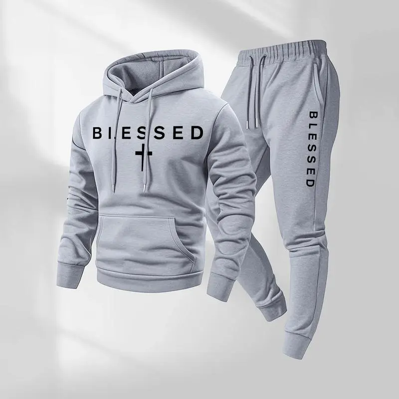 Blessed Cross Letter Print Hoodie & Drawstring Sweatpants Set