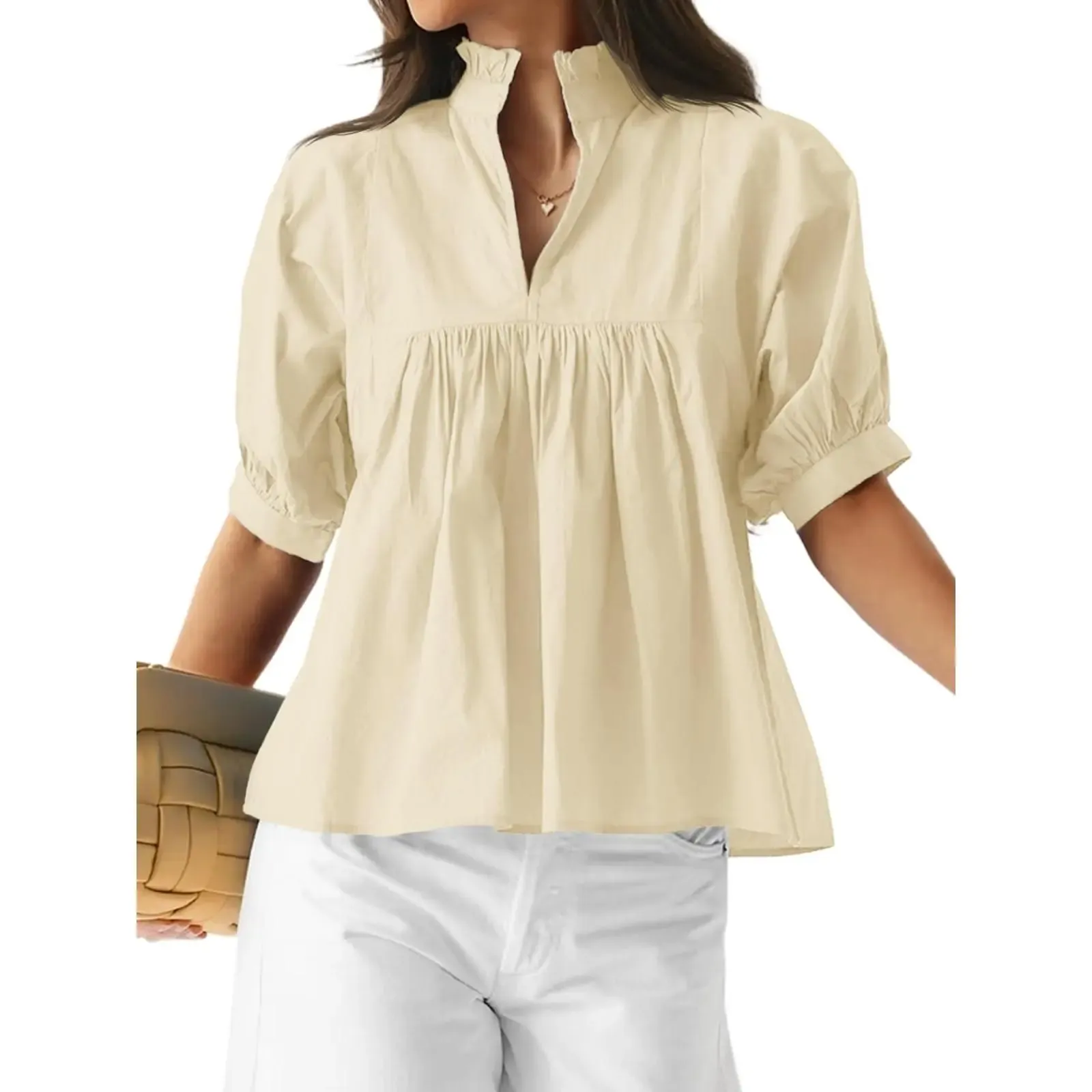 Womens V Neck Puff Sleeve Blouse Babydoll Peplum Tops Dressy Casual Pleated Loose Fit Shirts