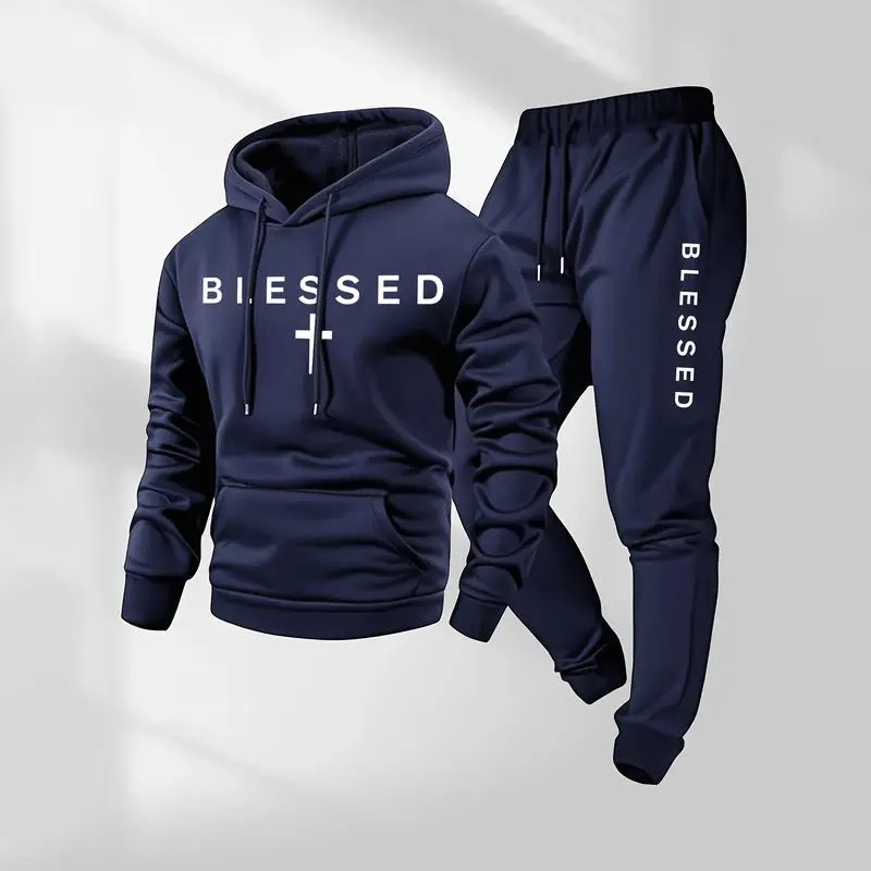 Blessed Cross Letter Print Hoodie & Drawstring Sweatpants Set