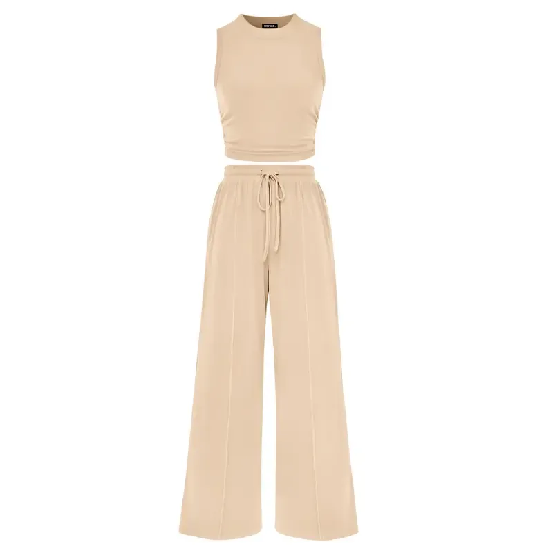 🔥Women's 2-Piece Outfits - Ribbed Knit Crew Neck Sleeveless Cropped Top & Wide Leg Pants Lounge Set