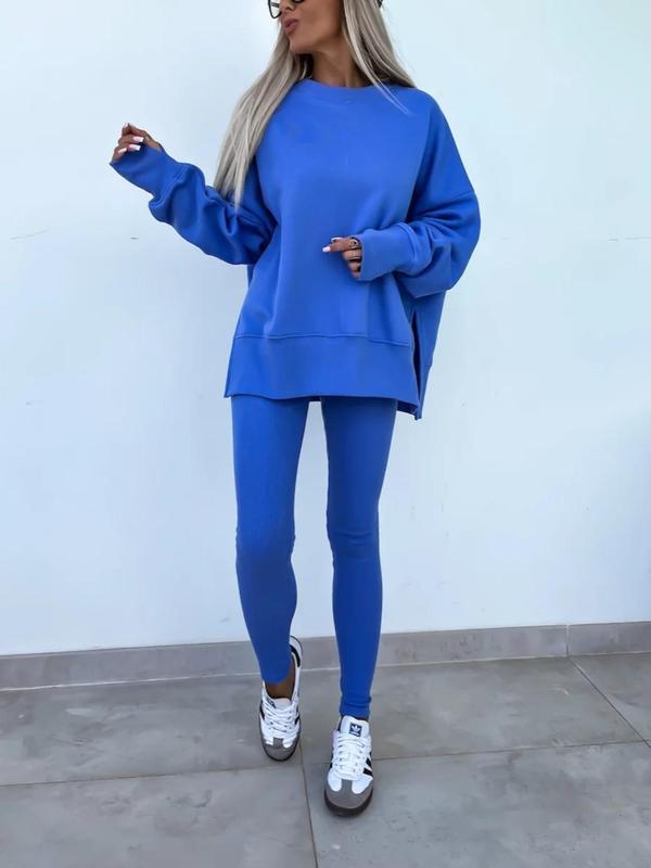 🔥Women's Solid Drop Shoulder Split Hem Sweatshirt & Pants Two-piece Set