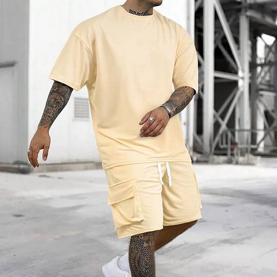 Men's Solid Tee & Cargo Shorts Set
