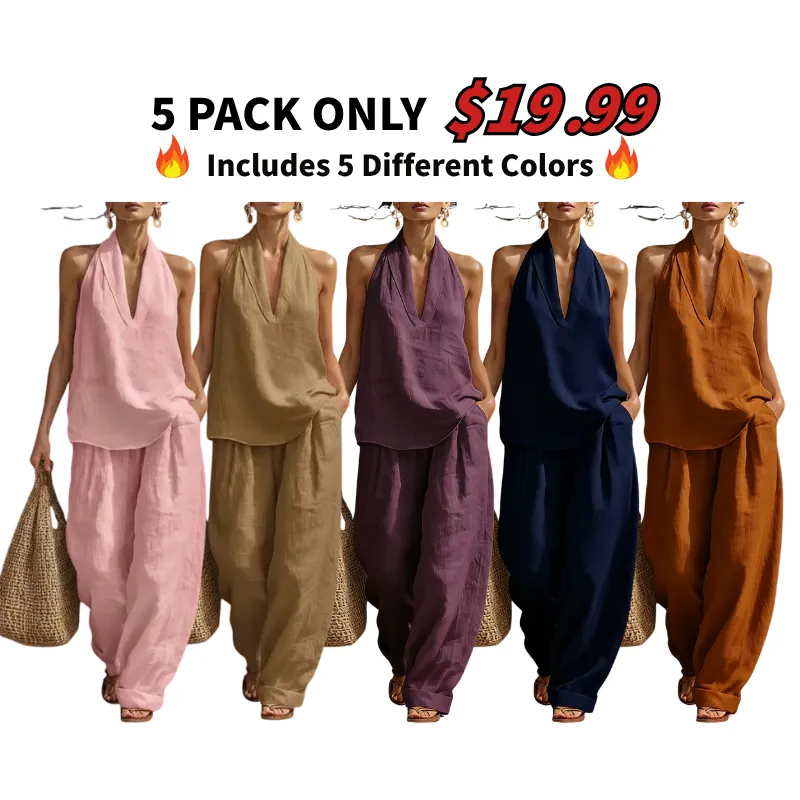 Women's Boho Linen Two Piece Set Halter Neck Sleeveless Top & Wide Leg Pants Beach Vacation Brunch Casual Outfit