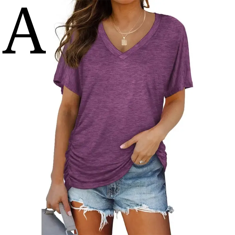 Womens Short Sleeve V Neck Dolman Tops with Side Shirring