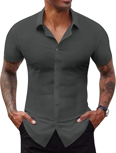 Men's Short Sleeve Stretch Slim Fit Casual Button Down Shirts