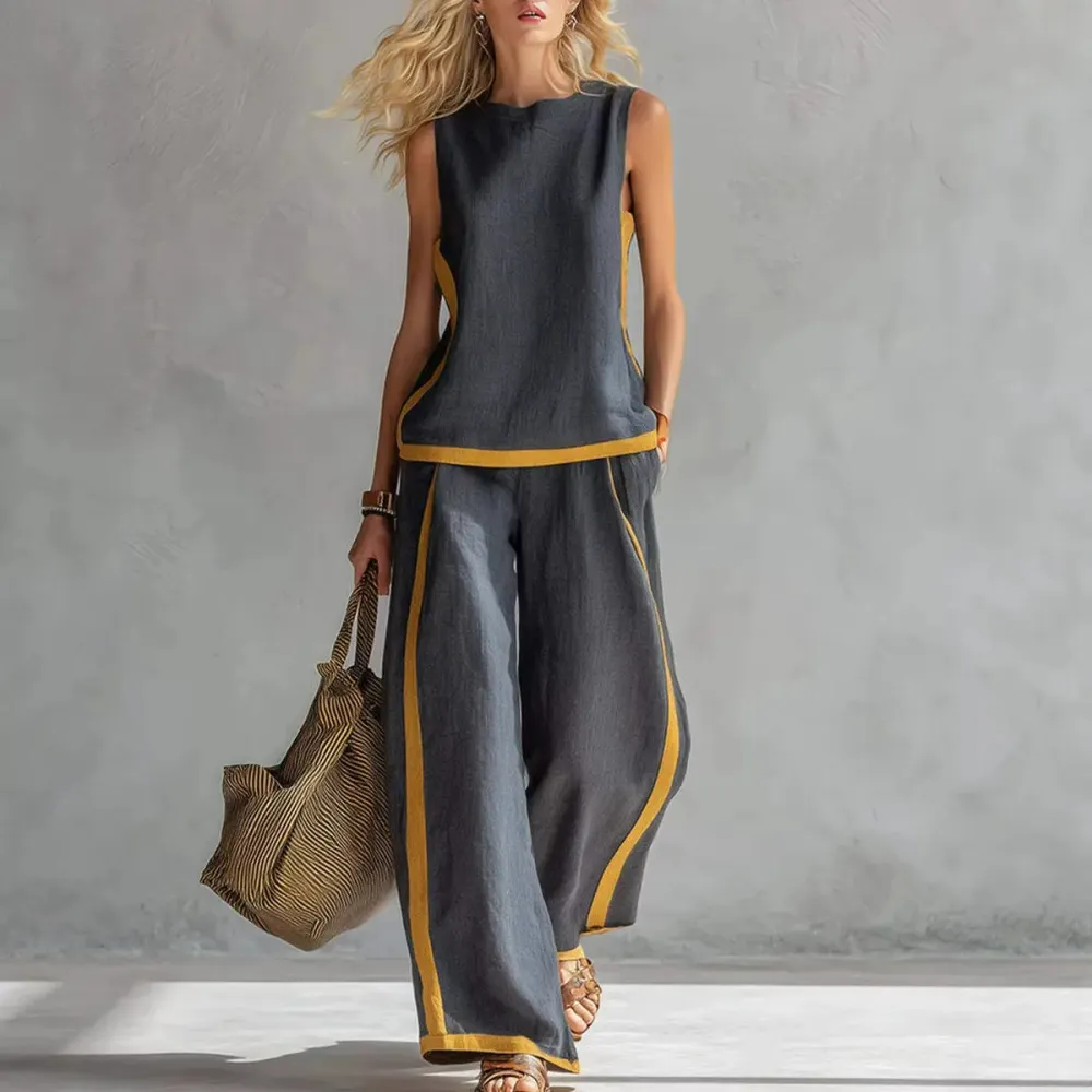 Linen Blend Women Sleeveless Color Block Top Wide Leg Pants Set