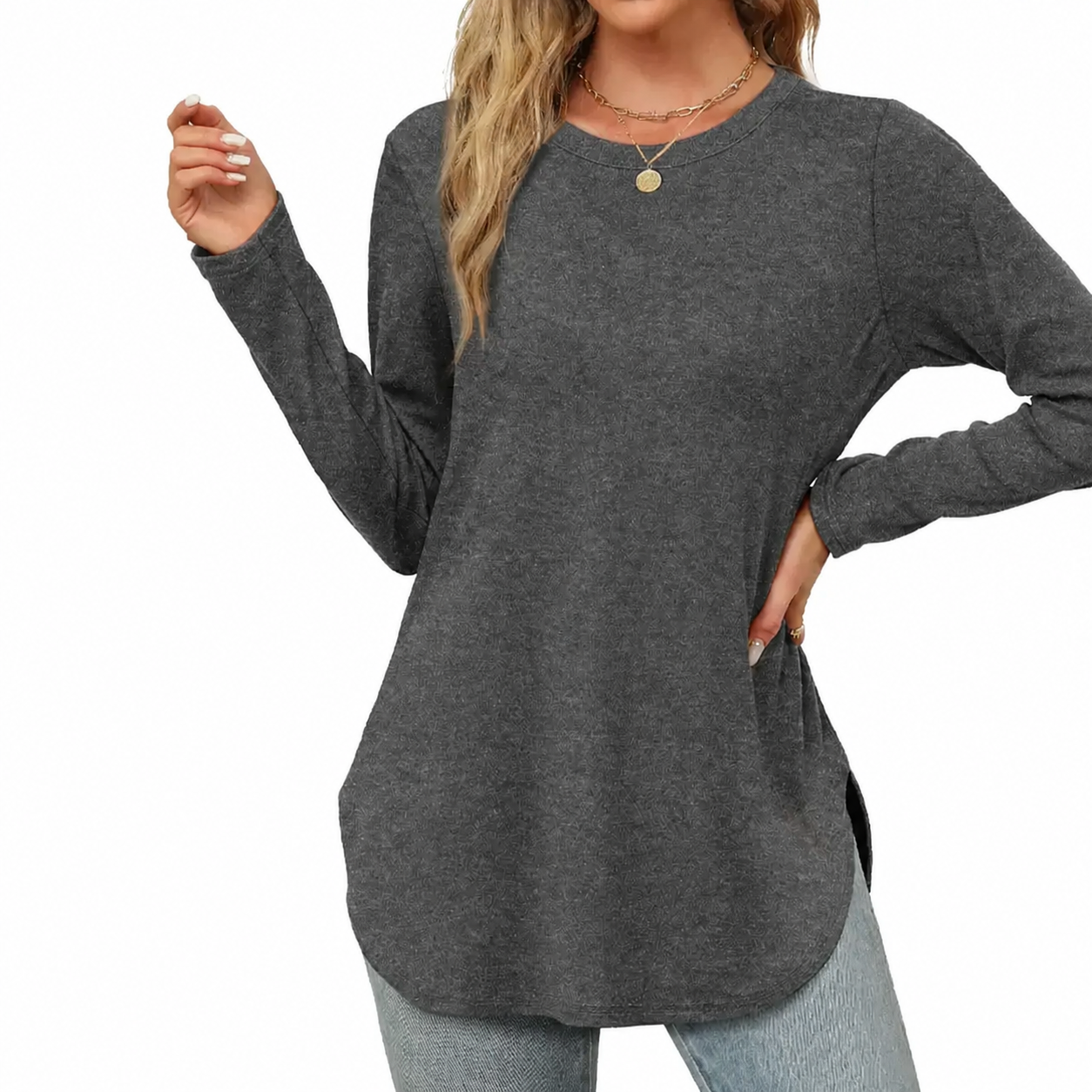 Women's Long Sleeve Tunic Top with Thumb Holes & Curved Hem - 10 Pack