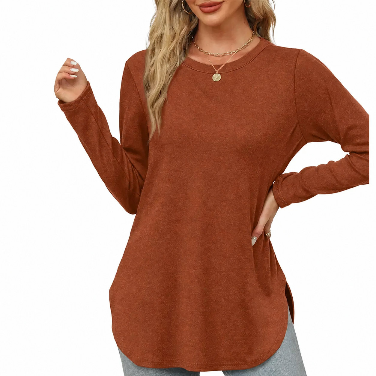 Women's Long Sleeve Tunic Top with Thumb Holes & Curved Hem - 10 Pack