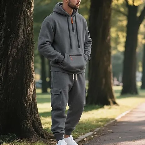 Men’s Fleece-Lined 2-Piece Tracksuit: Tactical Quarter-Zip Hoodie + Cargo Joggers