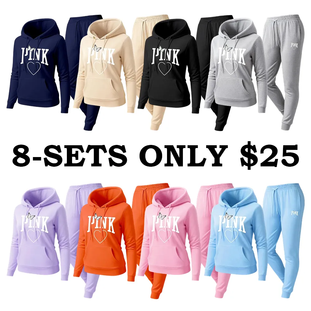 Women's Pink Heart Print Hoodie & Track Pants Set