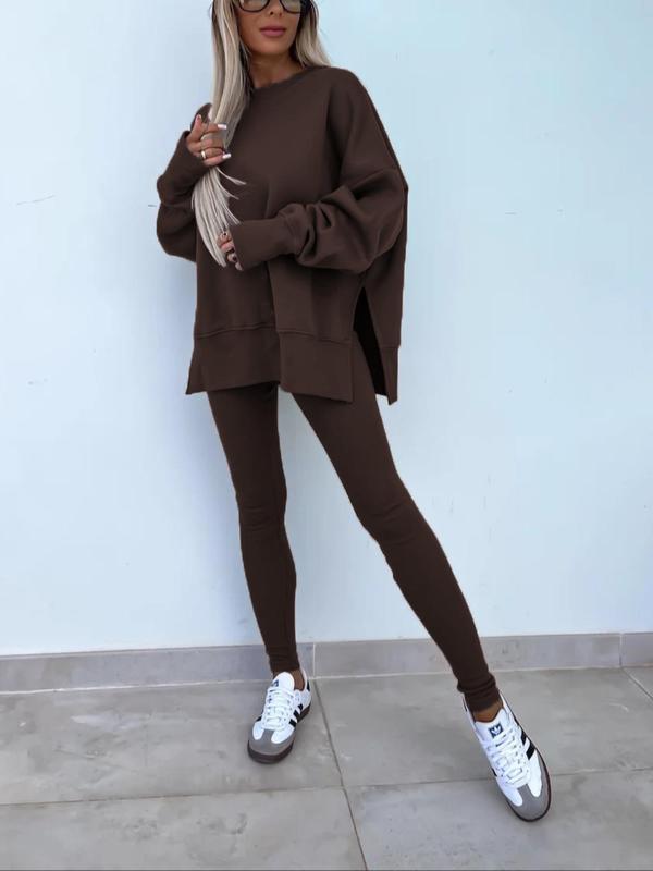 🔥Women's Solid Drop Shoulder Split Hem Sweatshirt & Pants Two-piece Set