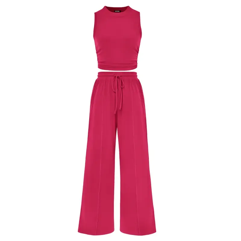 🔥Women's 2-Piece Outfits - Ribbed Knit Crew Neck Sleeveless Cropped Top & Wide Leg Pants Lounge Set