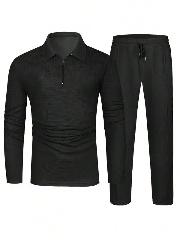 Men's Solid Textured Long Sleeve Polo Shirt & Drawstring Waist Pants Set
