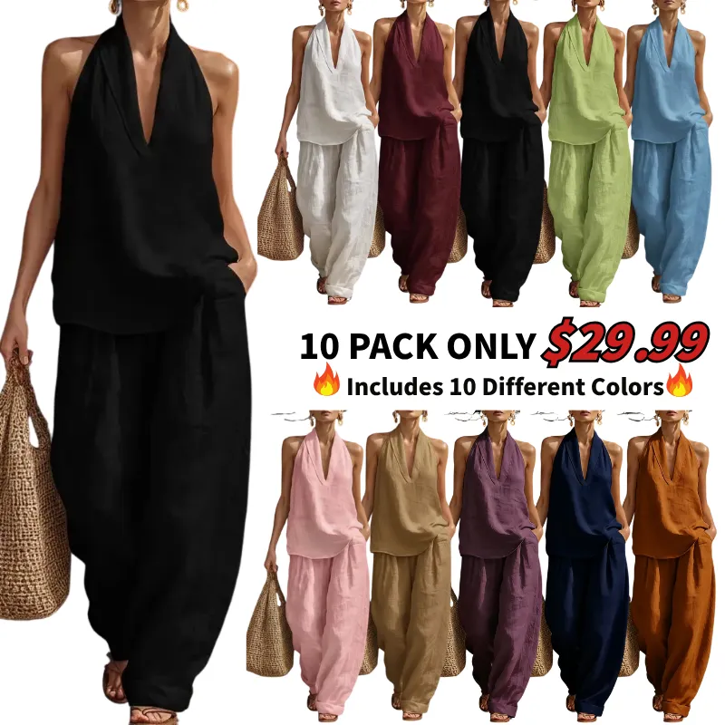 Women's Boho Linen Two Piece Set Halter Neck Sleeveless Top & Wide Leg Pants Beach Vacation Brunch Casual Outfit
