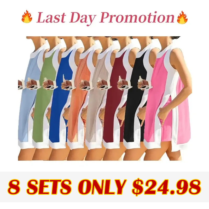 Women's 2-Piece Sets Color Block Crewneck Sleeveless Top + Skirt & Shorts w/ Pockets