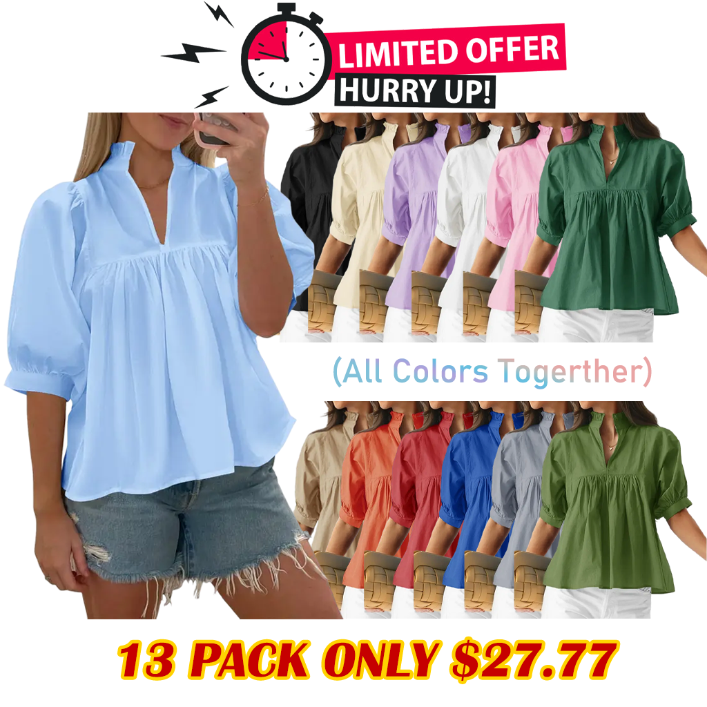 Womens V Neck Puff Sleeve Blouse Babydoll Peplum Tops Dressy Casual Pleated Loose Fit Shirts