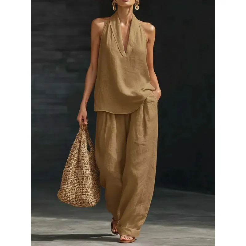 Women's Boho Linen Two Piece Set Halter Neck Sleeveless Top & Wide Leg Pants Beach Vacation Brunch Casual Outfit