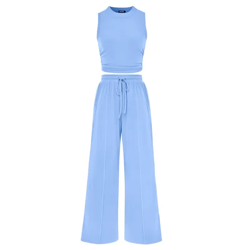 🔥Women's 2-Piece Outfits - Ribbed Knit Crew Neck Sleeveless Cropped Top & Wide Leg Pants Lounge Set
