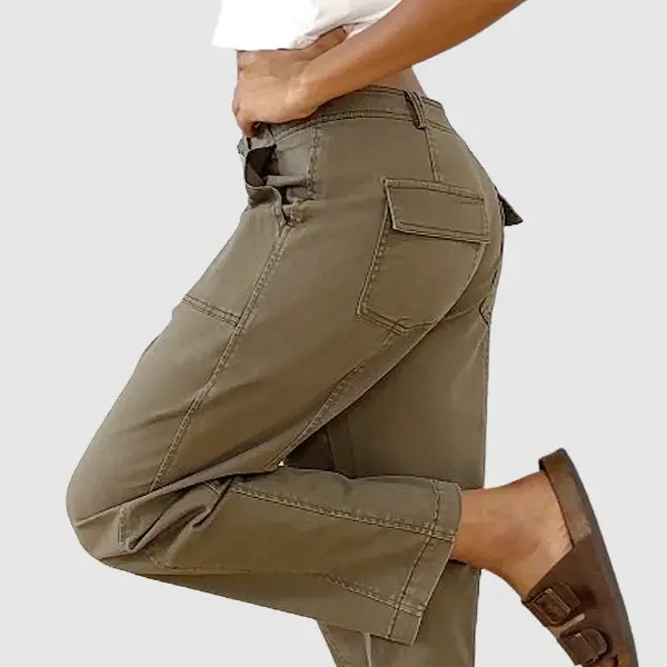 💝Last Day Promotion⚡- Solid Mid-Rise Baby Barrel Pants, High Stretch, Deep Pockets