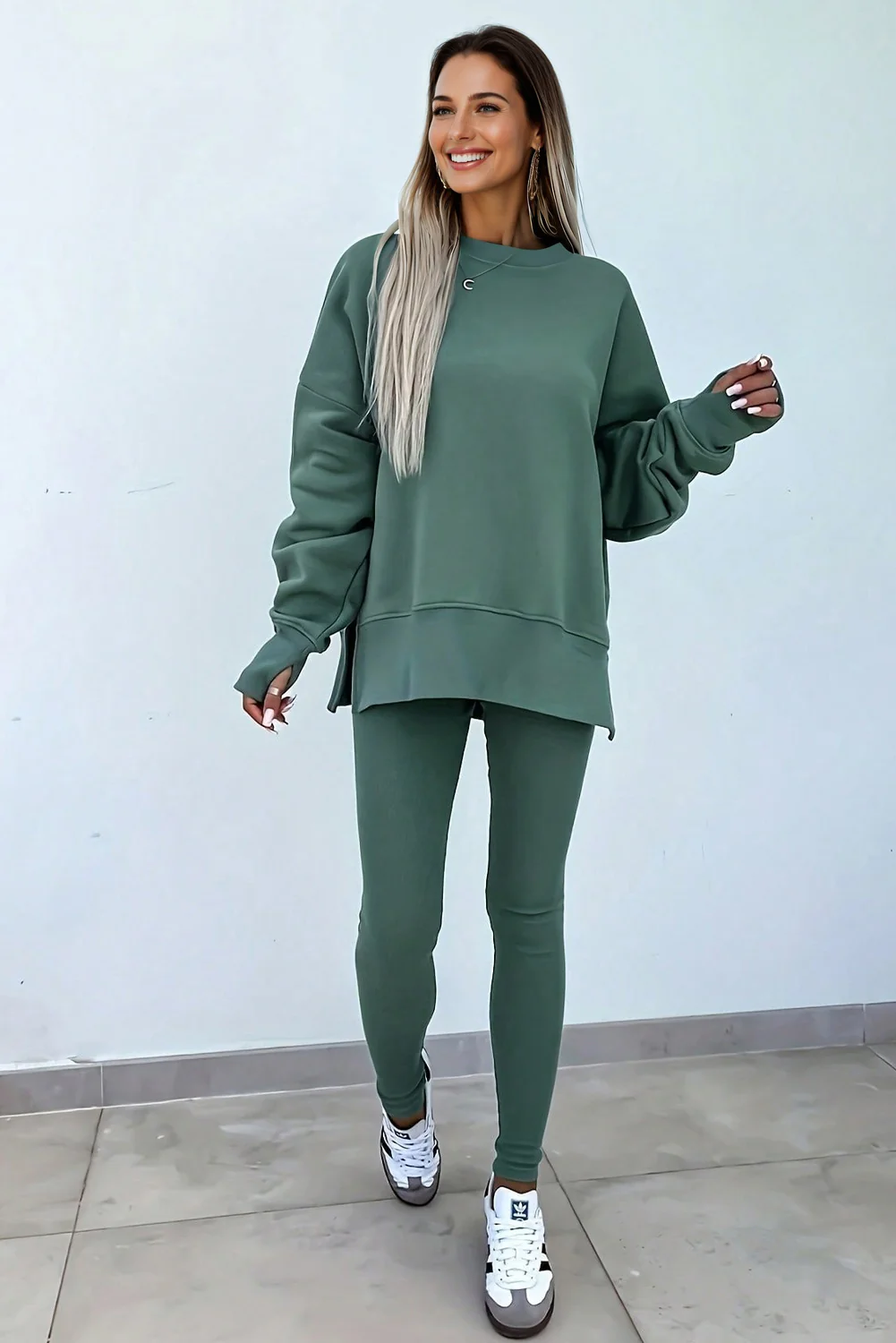 🔥Women's Solid Drop Shoulder Split Hem Sweatshirt & Pants Two-piece Set
